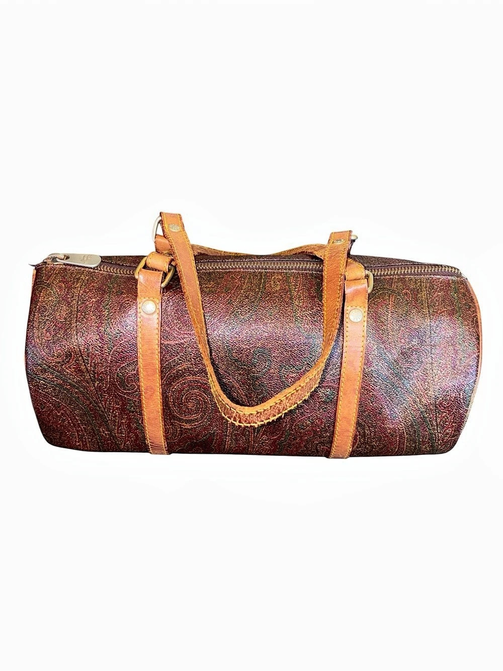 Etro Vintage Paisley Cylinder Barrel Bag Paisley Travel Bag in Brown & Orange